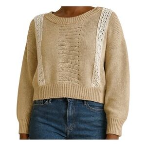 Miss Me Crochet Lace Sweater Large Beige White Boho Knit Pullover Great fall top